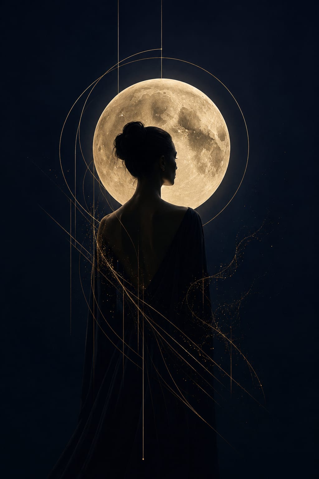 Capa do ebook Por Que Não Fazemos O Que Queremos? — silhueta feminina sob a lua cheia com linhas douradas